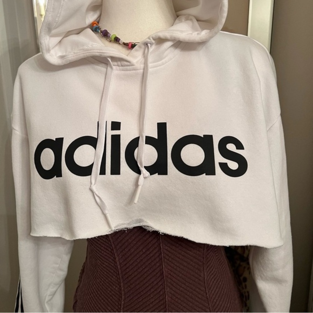 adidas White Cropped Hoodie with Black Logo and Stripe - Picture 8 of 12